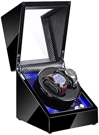 Adapter drown altitude and Powered Efficency Mechanical Watch Shaker Double Watch Winder for Automatic Watches with Blue LED Light Black Piano Paint Exterior AC 