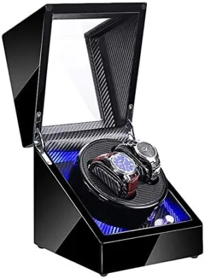 Adapter drown altitude and Powered Efficency Mechanical Watch Shaker Double Watch Winder for Automatic Watches with Blue LED Light Black Piano Paint Exterior AC 