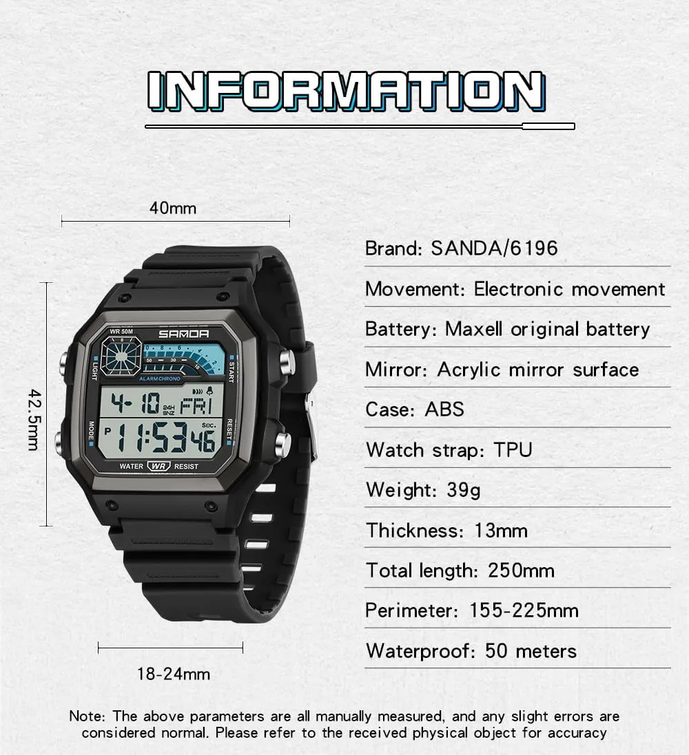 Alarm Clock Chrono LED Digital Double Time Watch Gosasa Square Men's Outdoor Digital Watch Men's Multifunction Waterproof Shockproof interface Sports Watches 