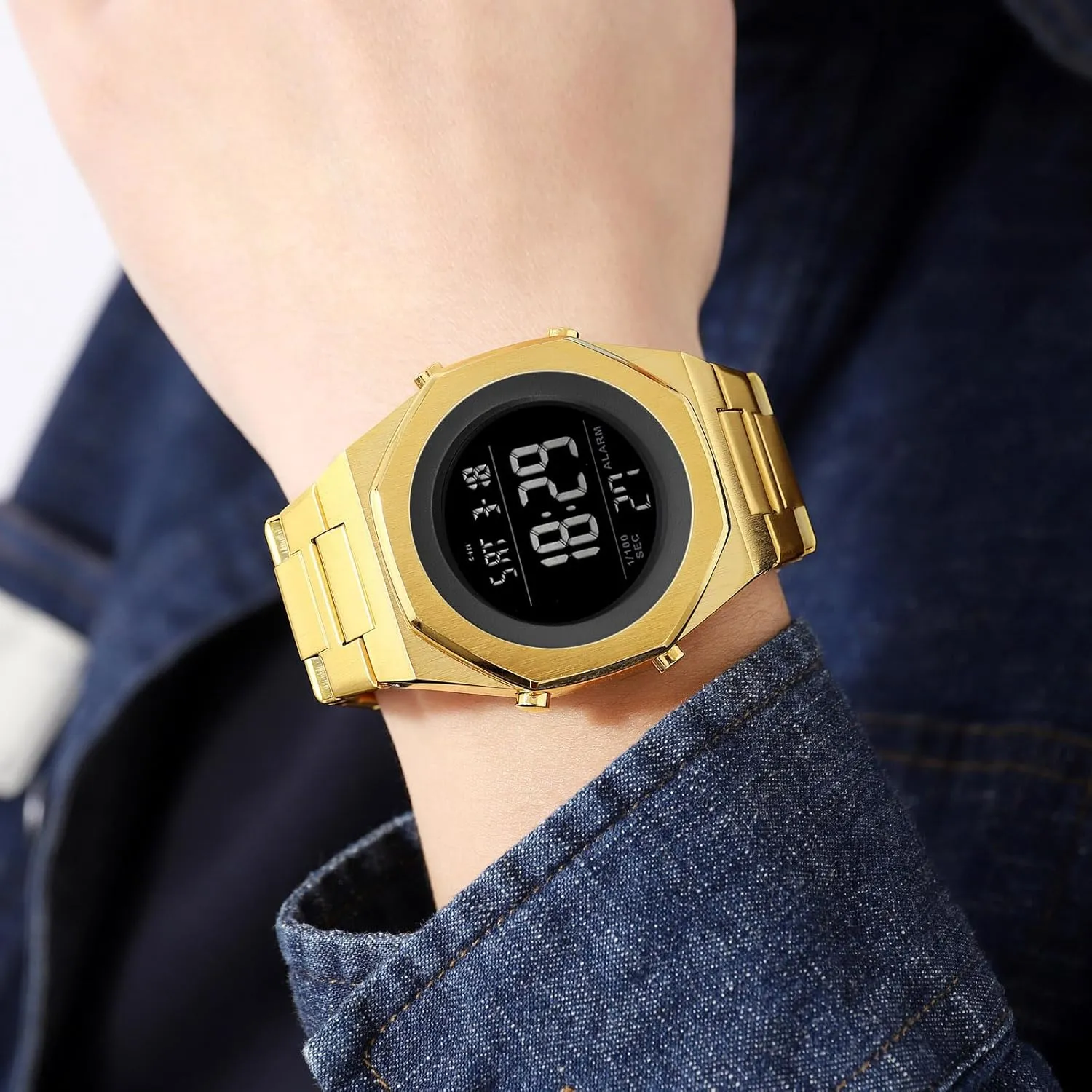 Alarm Date & Light Men's Wrist Watches Stainless Steel overflow steal vein sadden spectacle Digital Watch Men, Hexagon Designer Watch for Men, Waterproof Watch with 