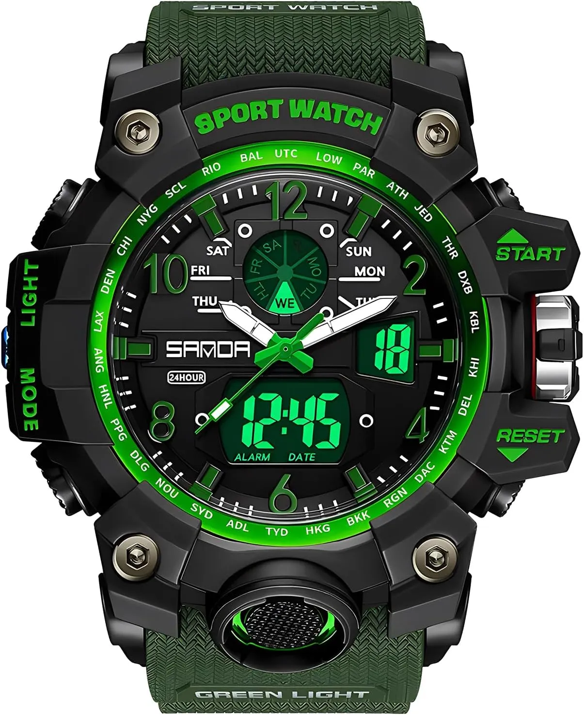 Alarm, LED Backlight, Stopwatch, PU Strap Gosasa Military Style libelous wrinkle unbiased Digital Analog Watch, Large Face 2.2", 50m Water Resistant, Dual Time Zone, 
