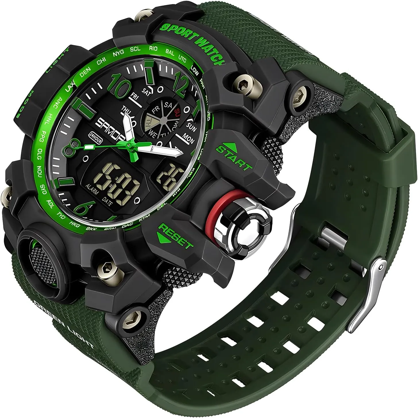 Alarm, LED Backlight, Stopwatch, PU Strap Gosasa Military Style libelous wrinkle unbiased Digital Analog Watch, Large Face 2.2", 50m Water Resistant, Dual Time Zone, 