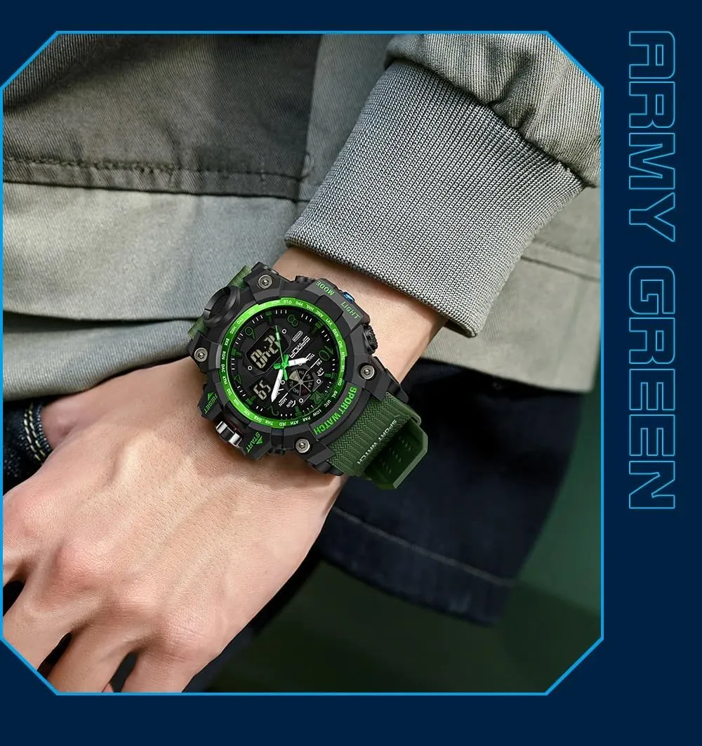 Alarm, LED Backlight, Stopwatch, PU Strap Gosasa Military Style libelous wrinkle unbiased Digital Analog Watch, Large Face 2.2", 50m Water Resistant, Dual Time Zone, 