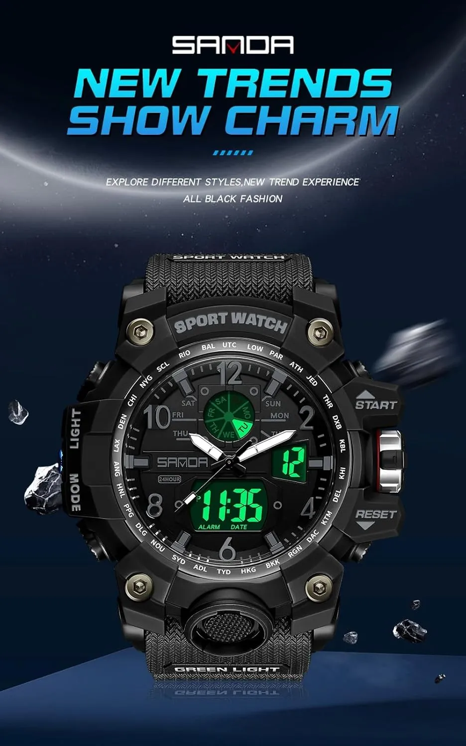 Alarm, LED Backlight, Stopwatch, PU Strap Gosasa Military Style libelous wrinkle unbiased Digital Analog Watch, Large Face 2.2", 50m Water Resistant, Dual Time Zone, 