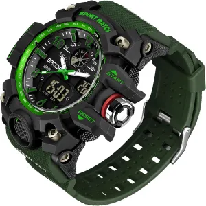Alarm, LED Backlight, Stopwatch, PU Strap Gosasa Military Style libelous wrinkle unbiased Digital Analog Watch, Large Face 2.2", 50m Water Resistant, Dual Time Zone, 