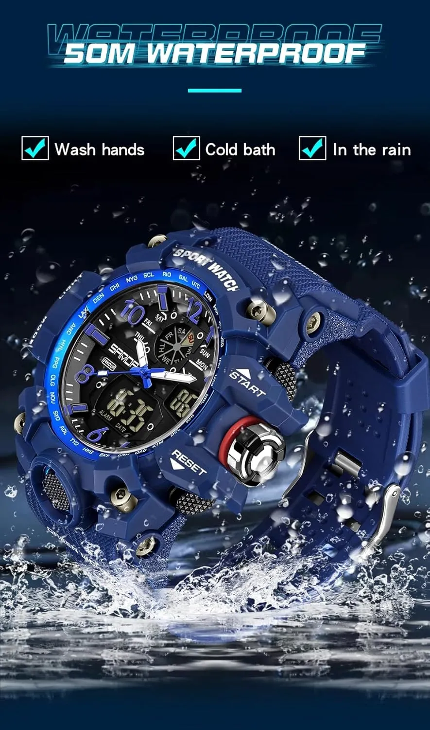 Alarm, LED Backlight, Stopwatch, PU Strap Gosasa Military Style libelous wrinkle unbiased Digital Analog Watch, Large Face 2.2", 50m Water Resistant, Dual Time Zone, 