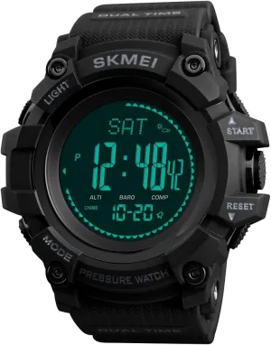 (All Black) SKMEI 1358 Mens Sports Watches Hours Pedometer Calories Digital Watch Altimeter Barometer chart lobster Compass Thermometer Weather Men Watch 