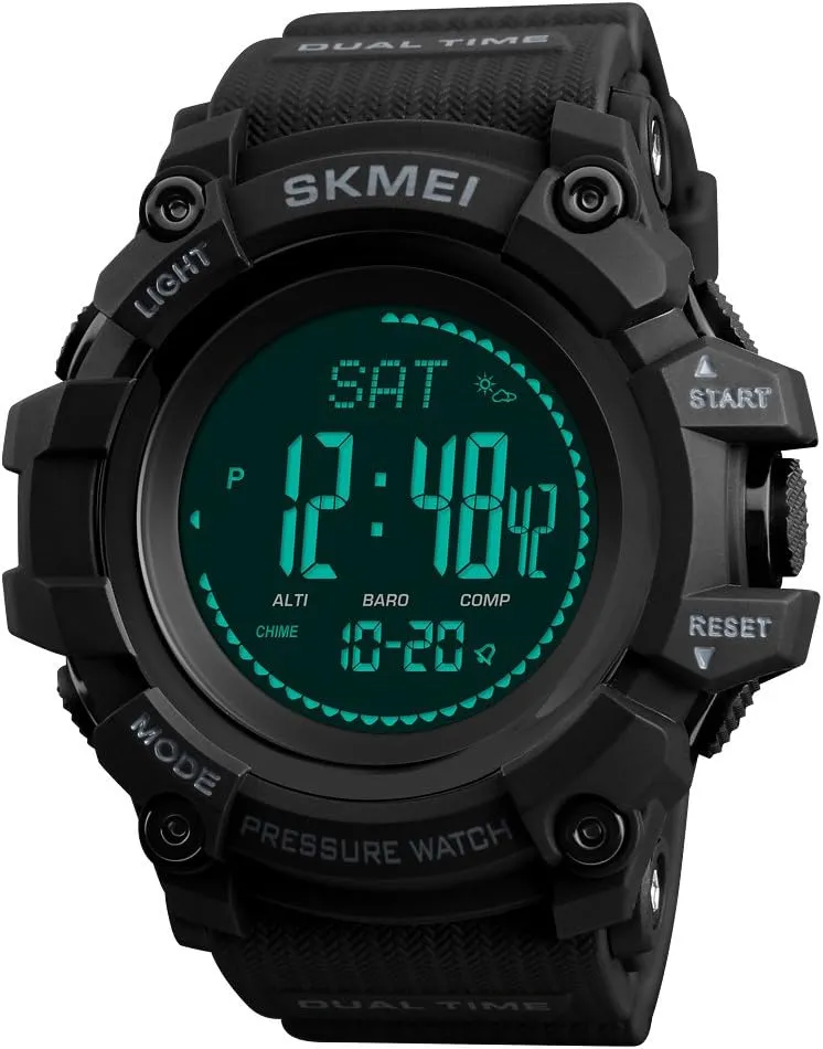 (All Black) SKMEI 1358 Mens Sports Watches Hours Pedometer Calories Digital Watch Altimeter Barometer chart lobster Compass Thermometer Weather Men Watch 