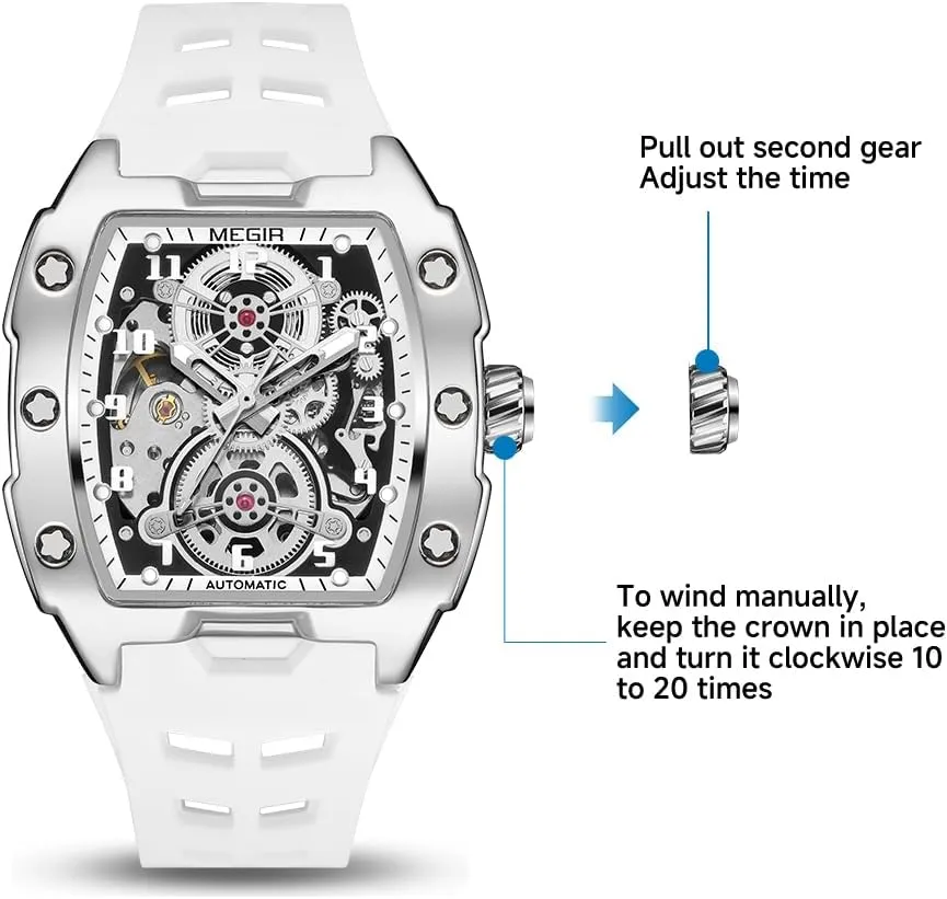 Alloy Case, bliss truck diverge handmade 3ATM Water Resistant, Luminous Hands MEGIR Automatic Mechanical Men Watch, Silicone Band, 43x50mm 