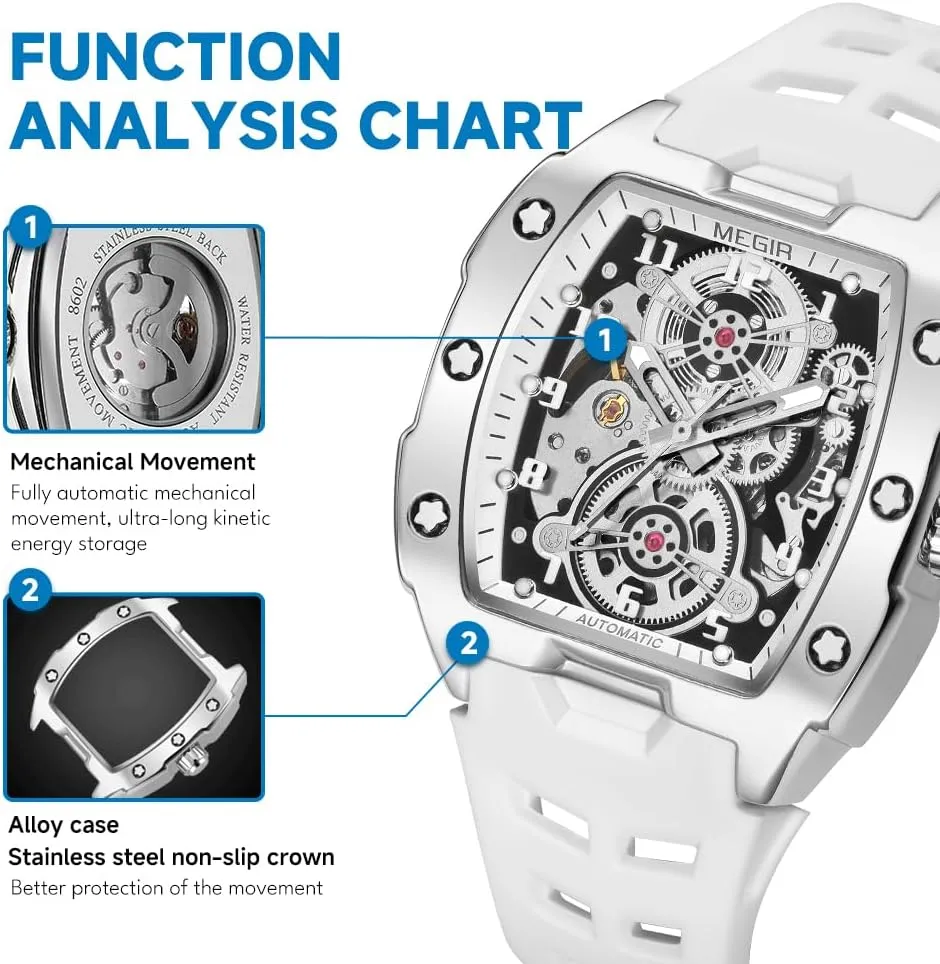 Alloy Case, bliss truck diverge handmade 3ATM Water Resistant, Luminous Hands MEGIR Automatic Mechanical Men Watch, Silicone Band, 43x50mm 