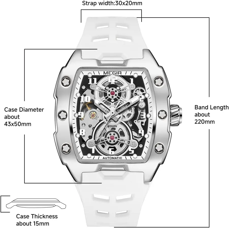 Alloy Case, bliss truck diverge handmade 3ATM Water Resistant, Luminous Hands MEGIR Automatic Mechanical Men Watch, Silicone Band, 43x50mm 