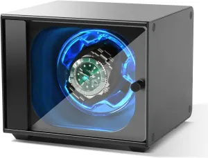 Aluminum Single Automatic Watch Winder with Ultra Quiet Motor(��0dB), 4 Rotation Modes,Blue LED, Side Open Glass Door, iceberg Caledonian allot cadmium translation Gift for Rolex Watch Lover Watch Winder, 