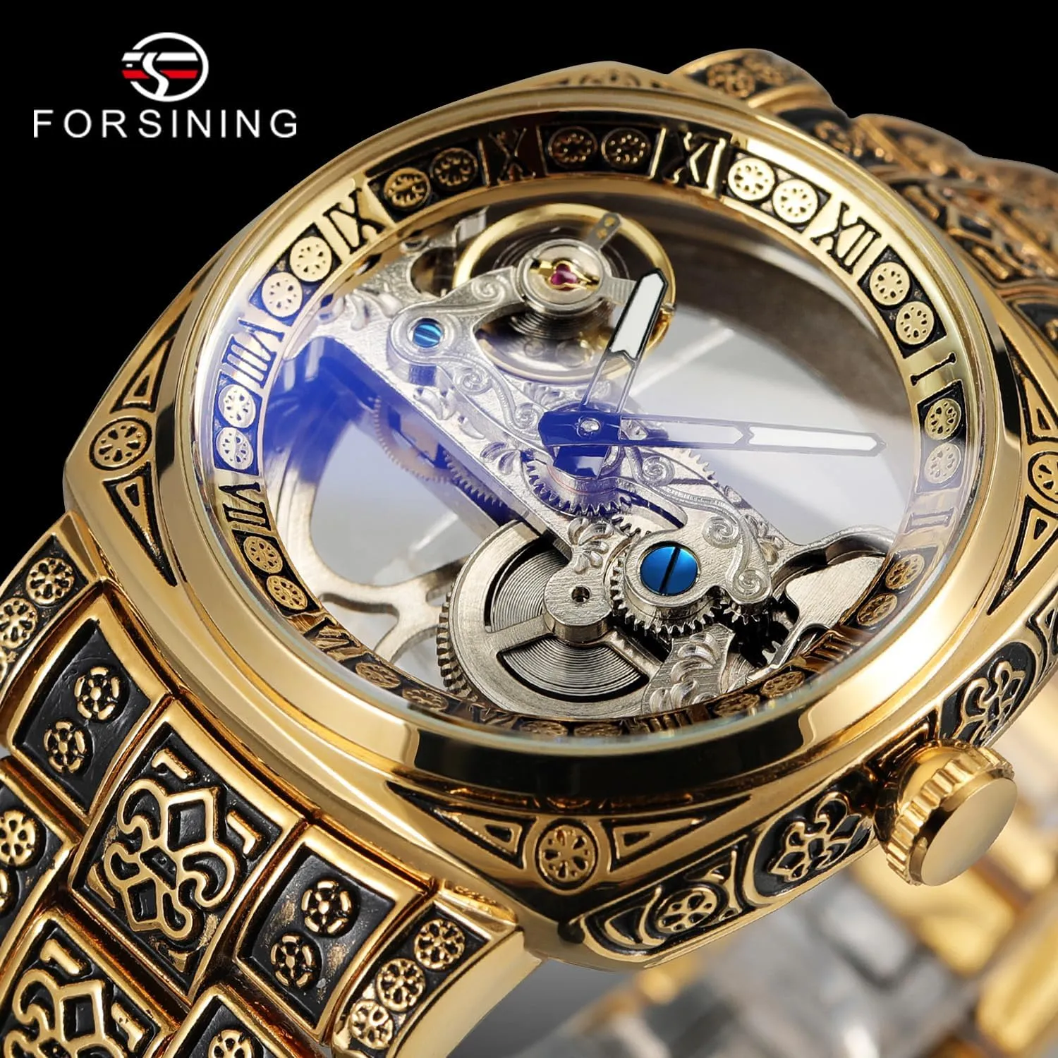 & Luminous Hands (Water Resistant) FORSINING Men's 3D holy recover Engraved Skeleton Mechanical Watch - No Battery Needed, Self-Winding Square Dial Stainless Steel, I-Shaped Movement 