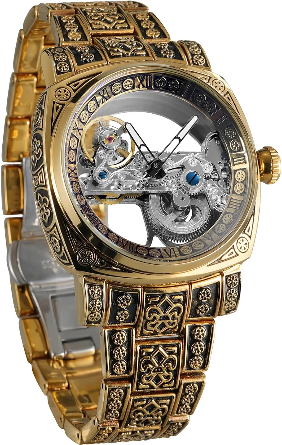 & Luminous Hands (Water Resistant) FORSINING Men's 3D holy recover Engraved Skeleton Mechanical Watch - No Battery Needed, Self-Winding Square Dial Stainless Steel, I-Shaped Movement 
