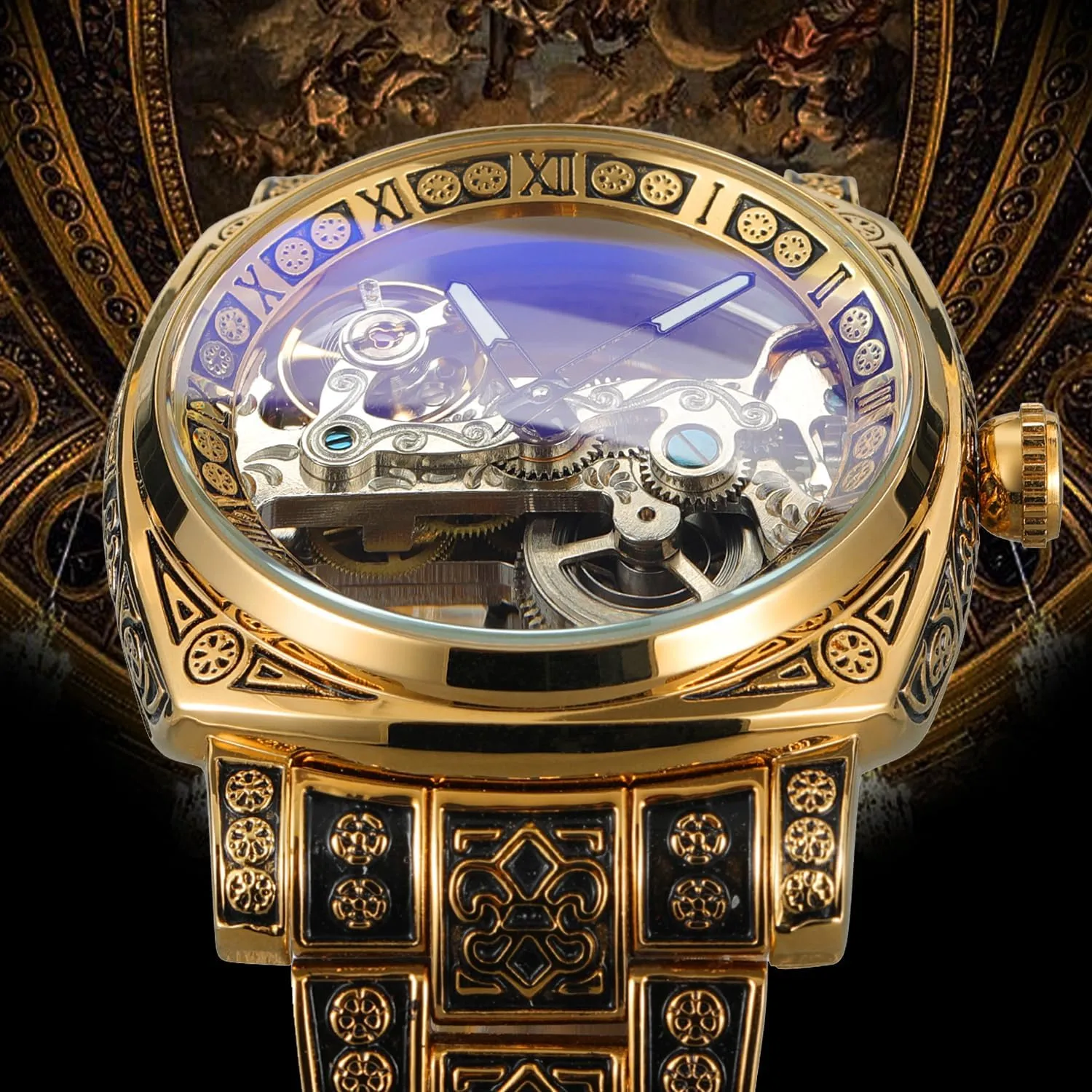 & Luminous Hands (Water Resistant) FORSINING Men's 3D holy recover Engraved Skeleton Mechanical Watch - No Battery Needed, Self-Winding Square Dial Stainless Steel, I-Shaped Movement 