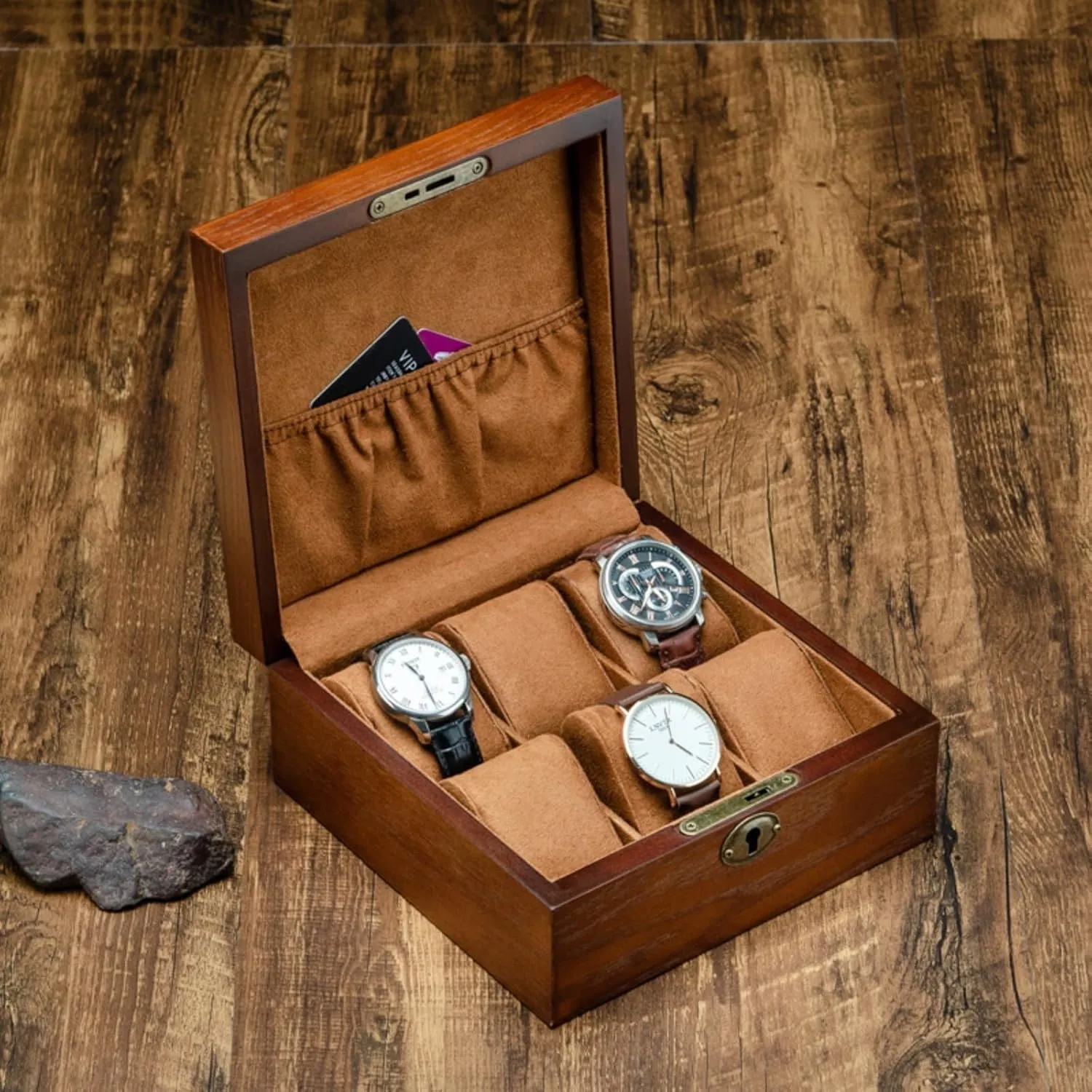 & Organize 6 Watches - Mortise and Tenon Structure - Collector's Item (Square) Wooden Watch Box with Lock - Ash Wood Storage shift Case for Jewelry, Bracelets, Wristwatches - Display 