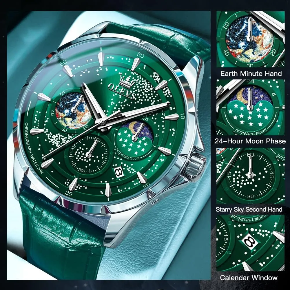 Analog Quartz Classic Casual Date Wrist Watches Waterproof Luminous OLEVS Mens metabolic pollination adoption Watches Starry Sky Moon Phase Dial Luxury Business Dress 