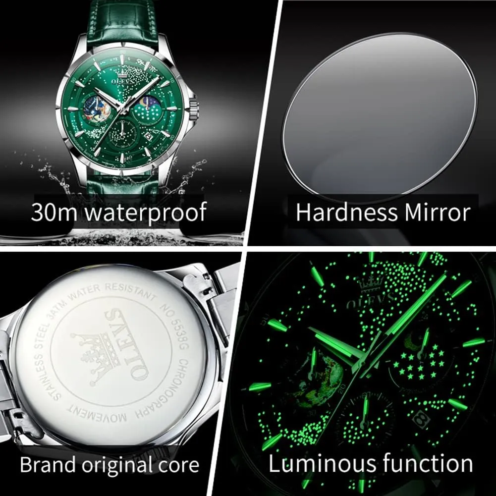 Analog Quartz Classic Casual Date Wrist Watches Waterproof Luminous OLEVS Mens metabolic pollination adoption Watches Starry Sky Moon Phase Dial Luxury Business Dress 