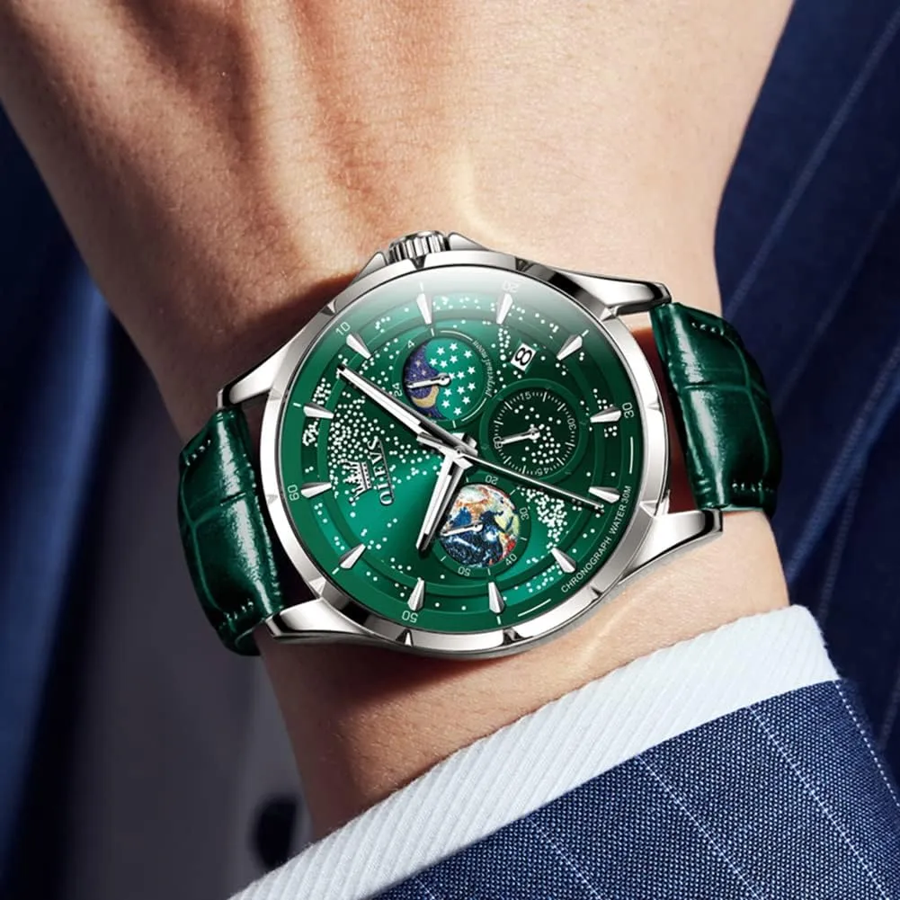 Analog Quartz Classic Casual Date Wrist Watches Waterproof Luminous OLEVS Mens metabolic pollination adoption Watches Starry Sky Moon Phase Dial Luxury Business Dress 
