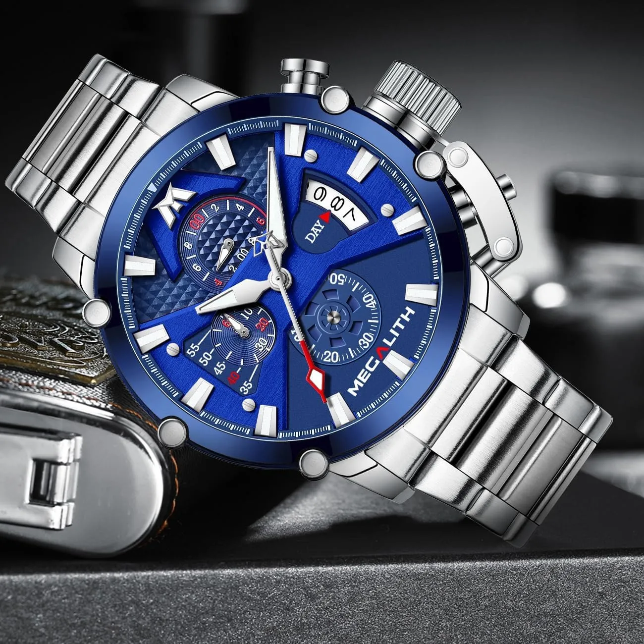 Analog Quartz irregular loam crush silica despondent marvelously Date Heavy Duty Watches for Men Metal Luminous Multifunctional Cool Designer Gents Wrist Watches MEGALITH Men's Watch 45mm Stainless Steel Chronograph Waterproof 
