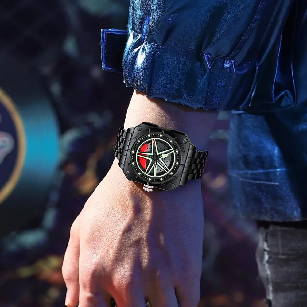 Analog Quartz Watch Luminous Waterproof Gifts prime for Car Enthusiasts Creative Men's Watch Rotation Car Wheel Stainless Steel Wrist Watches for Men 