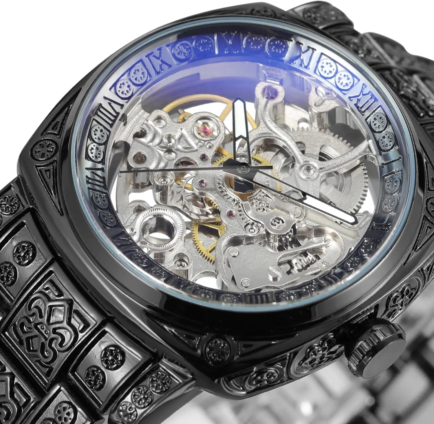 Analog Square substantially totally Wristwatch with Stainless Steel Bracelet Men's Automatic Watches High-end Vintage Skeleton Self Winding 