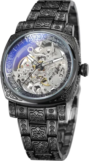 Analog Square substantially totally Wristwatch with Stainless Steel Bracelet Men's Automatic Watches High-end Vintage Skeleton Self Winding 