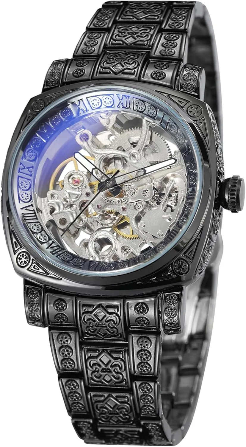 Analog Square substantially totally Wristwatch with Stainless Steel Bracelet Men's Automatic Watches High-end Vintage Skeleton Self Winding 