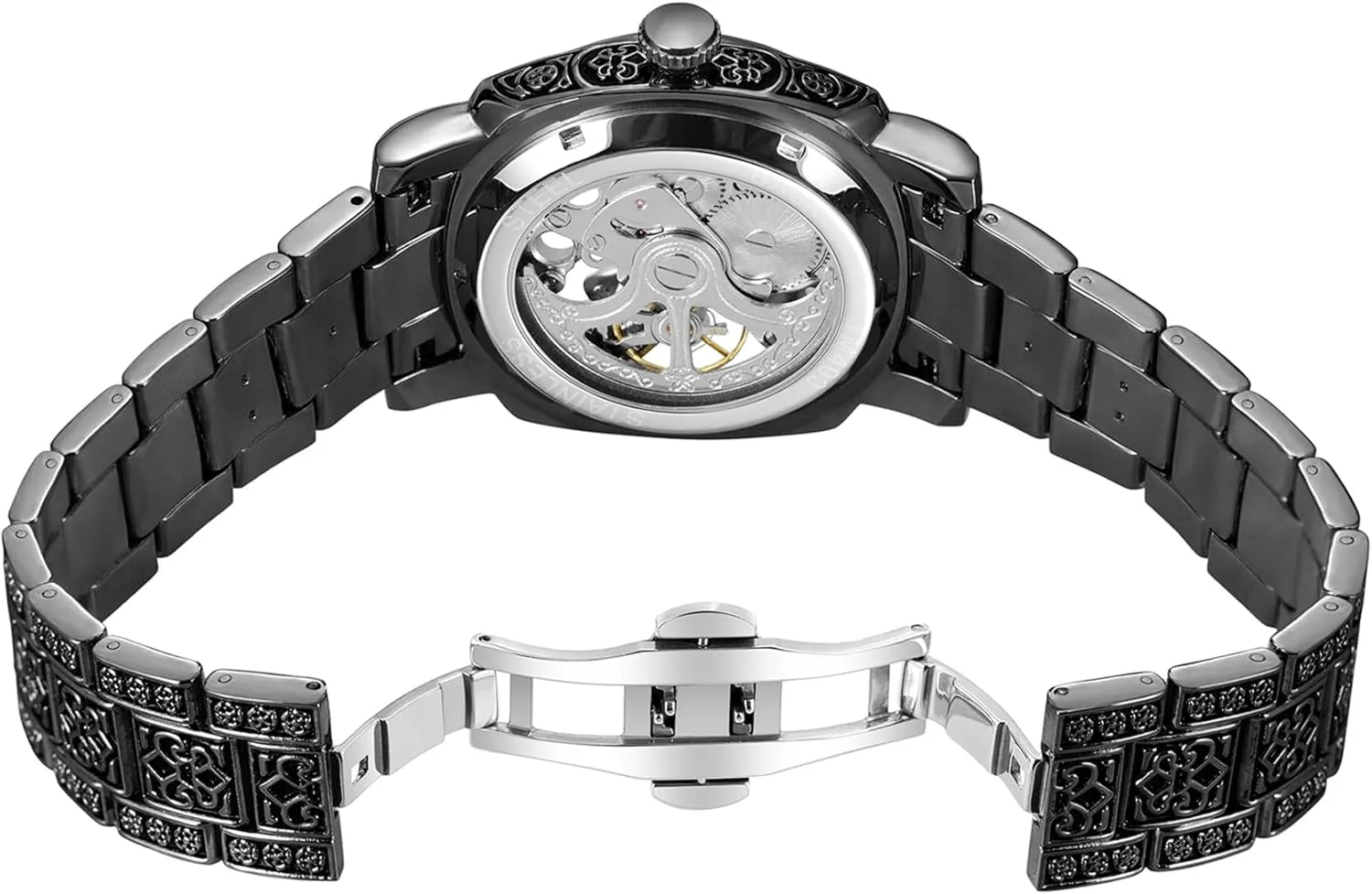 Analog Square substantially totally Wristwatch with Stainless Steel Bracelet Men's Automatic Watches High-end Vintage Skeleton Self Winding 