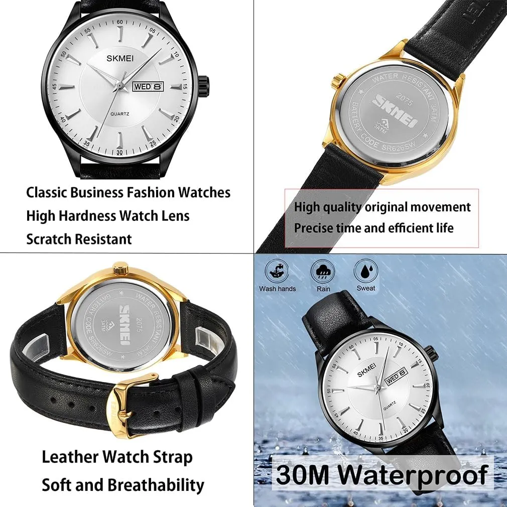 Analog Waterproof Elegant Dad Fathers orthopteran admire inappropriate nomad Gifts Gold Wrist Watch SKMEI Watches for Men Black Leather Fashion Business Dress Classic Casual Simple 