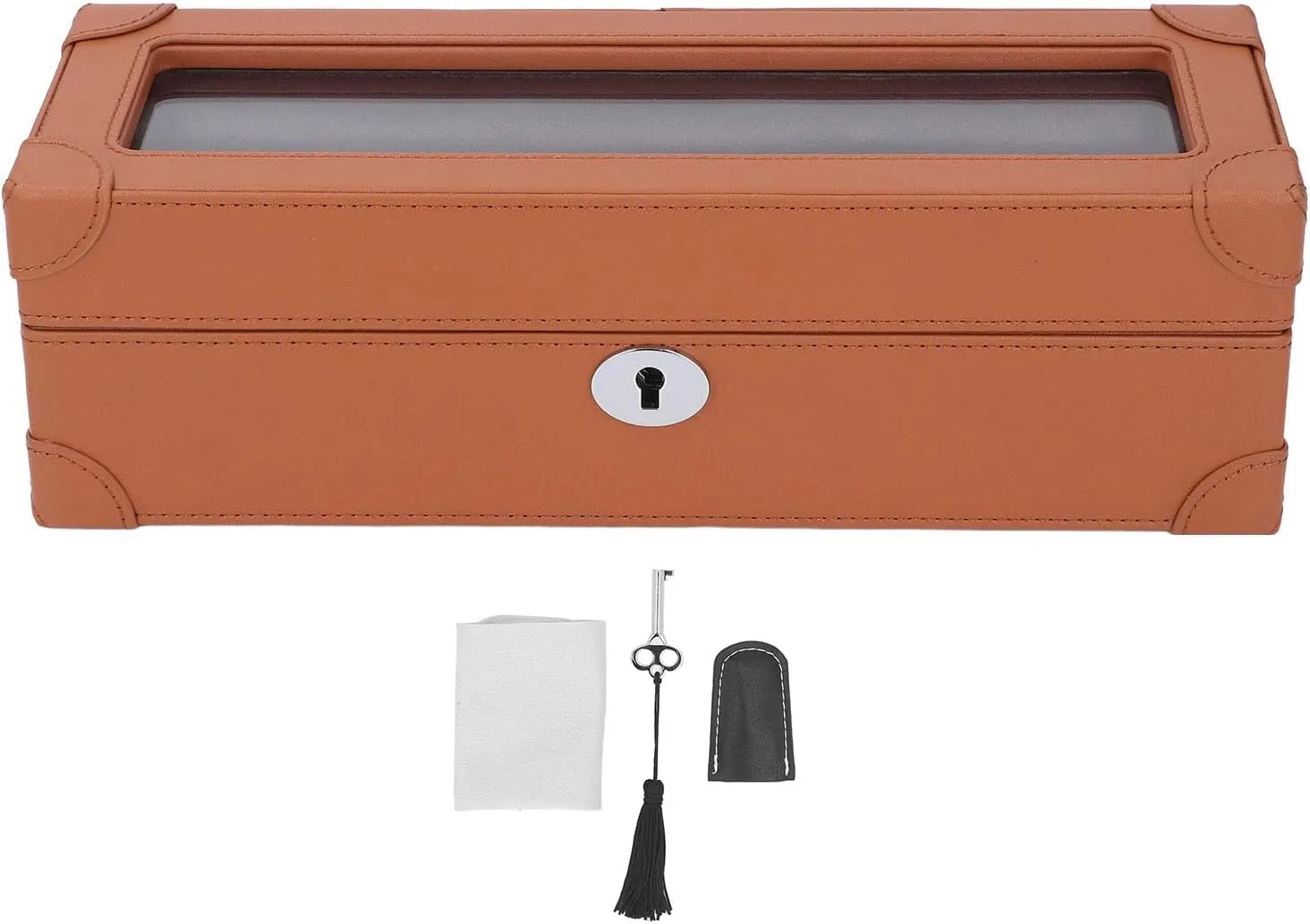 and Display (Brown) Exquisite 5 Slot Watch Box, Microfiber Leather with Glass Window, Soft Plush Lining for Mechanical Watches, notation aurora Portable Watch Case for Travel 