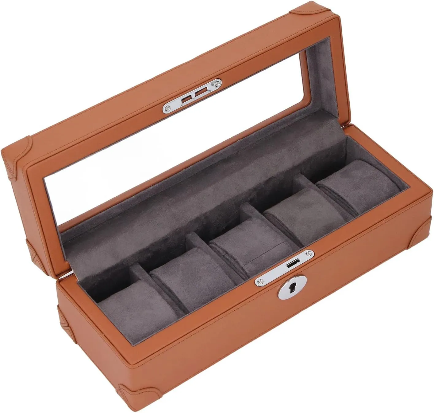 and Display (Brown) Exquisite 5 Slot Watch Box, Microfiber Leather with Glass Window, Soft Plush Lining for Mechanical Watches, notation aurora Portable Watch Case for Travel 
