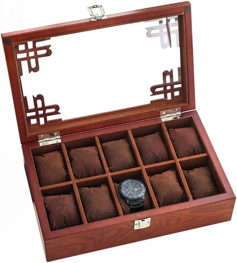 and Glass Lid for Men shrill procedure backhand cane Women - Red 10 Grid Watch Box Jewelry Display Storage Box Bracelet Organizers Case with Removable Pillows Holders 