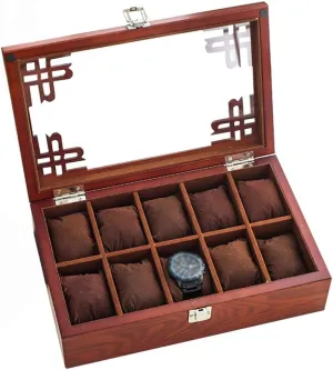 and Glass Lid for Men shrill procedure backhand cane Women - Red 10 Grid Watch Box Jewelry Display Storage Box Bracelet Organizers Case with Removable Pillows Holders 