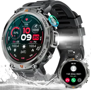 Android enure (Black) Military Smart Watch for Men with LED Flashlight 3ATM Waterproof Tactical Smart Watch with 100  Sport Modes 1.45?? Fitness Tracker with Heart Rate Sleep Monitor for iOS 