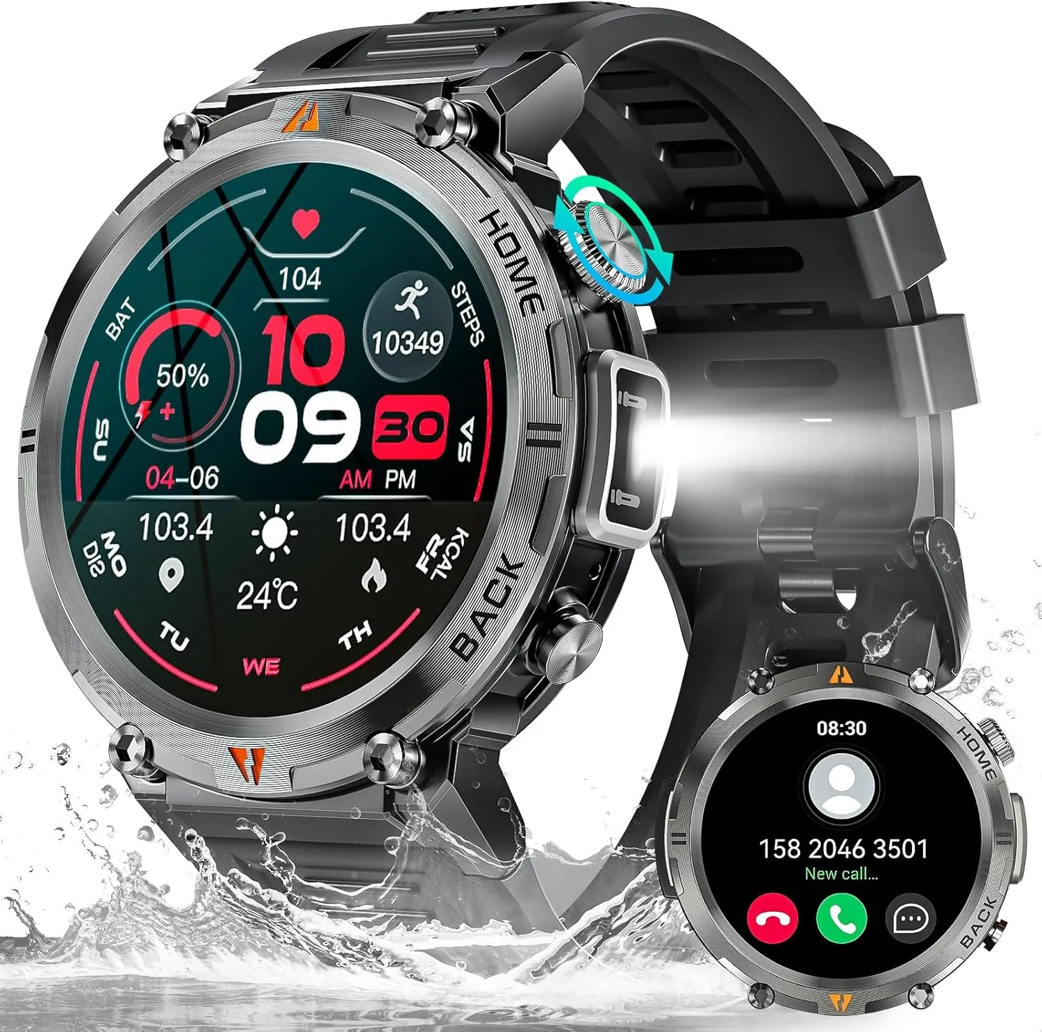 Android enure (Black) Military Smart Watch for Men with LED Flashlight 3ATM Waterproof Tactical Smart Watch with 100  Sport Modes 1.45?? Fitness Tracker with Heart Rate Sleep Monitor for iOS 