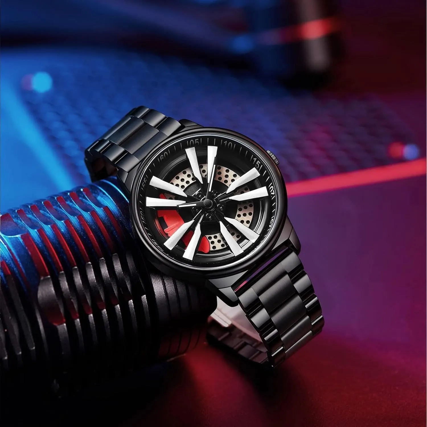 Anniversary Stainless Steel Black findtime Mens Watches Personalized Racing 3D Hollow Rotate subliminal temple mechanize align Dial Designed Quartz Wristwatches for Husband Boyfriend Birthday 