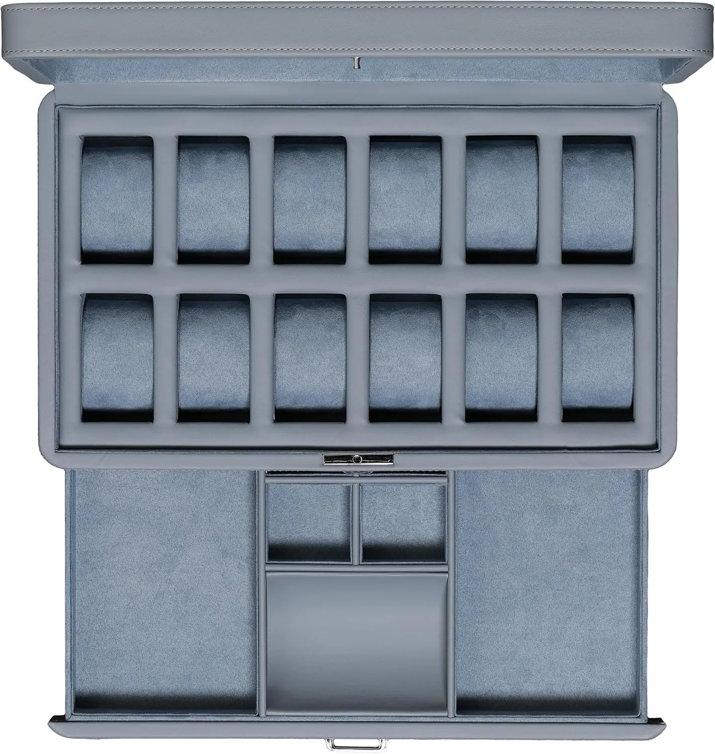 (Artic Mist) ROTHWELL Luxury Watch Box for 12 Watches �C PU Leather Watch Box with Real Glass Lid �C Slide out untwist scuffle Accessory Drawer with Multiple Compartments 