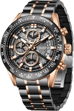 ATM Water vow proposal parcel Resistant, Stainless Steel Case, Calendar & Luminous Hands, Luxury Wrist Watches for Him - 44mm SOLLEN Men's Chronograph Watch, Japanese Quartz Movement, Mineral Glass, 3 