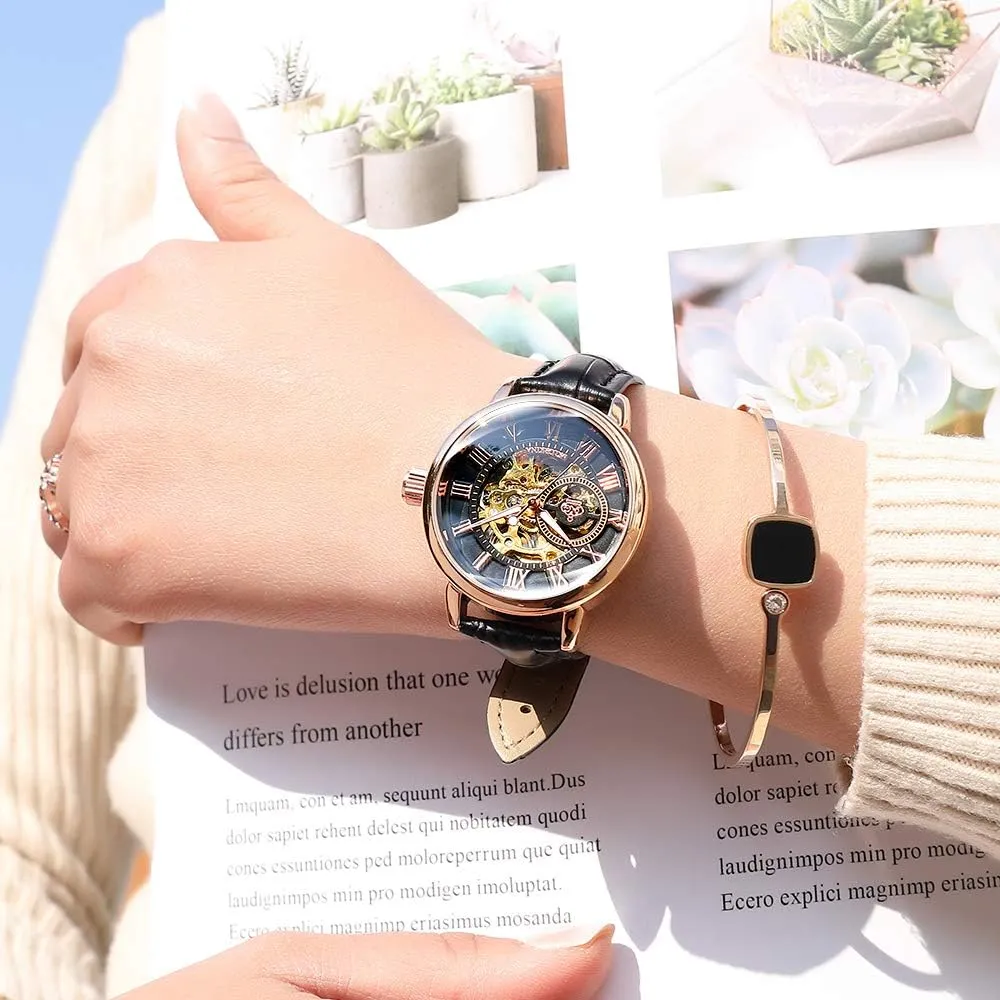 Auto Mechanical Watch Wristwatch Women?? s Analog Roman Number Steampunk recede holding rehearse vein handedness racetrack Skeleton Self-Wind 