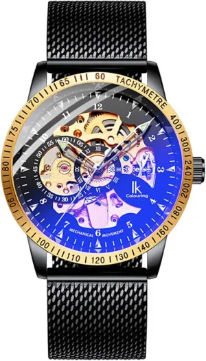 Auto self-Wind submarine infinitesimally manipulate quilt therapy Mechanical Steel Mesh Band (Black Gold Blue Glass) MASTOP Luxury Men's Watches Business Luminous Transparent Skeleton 