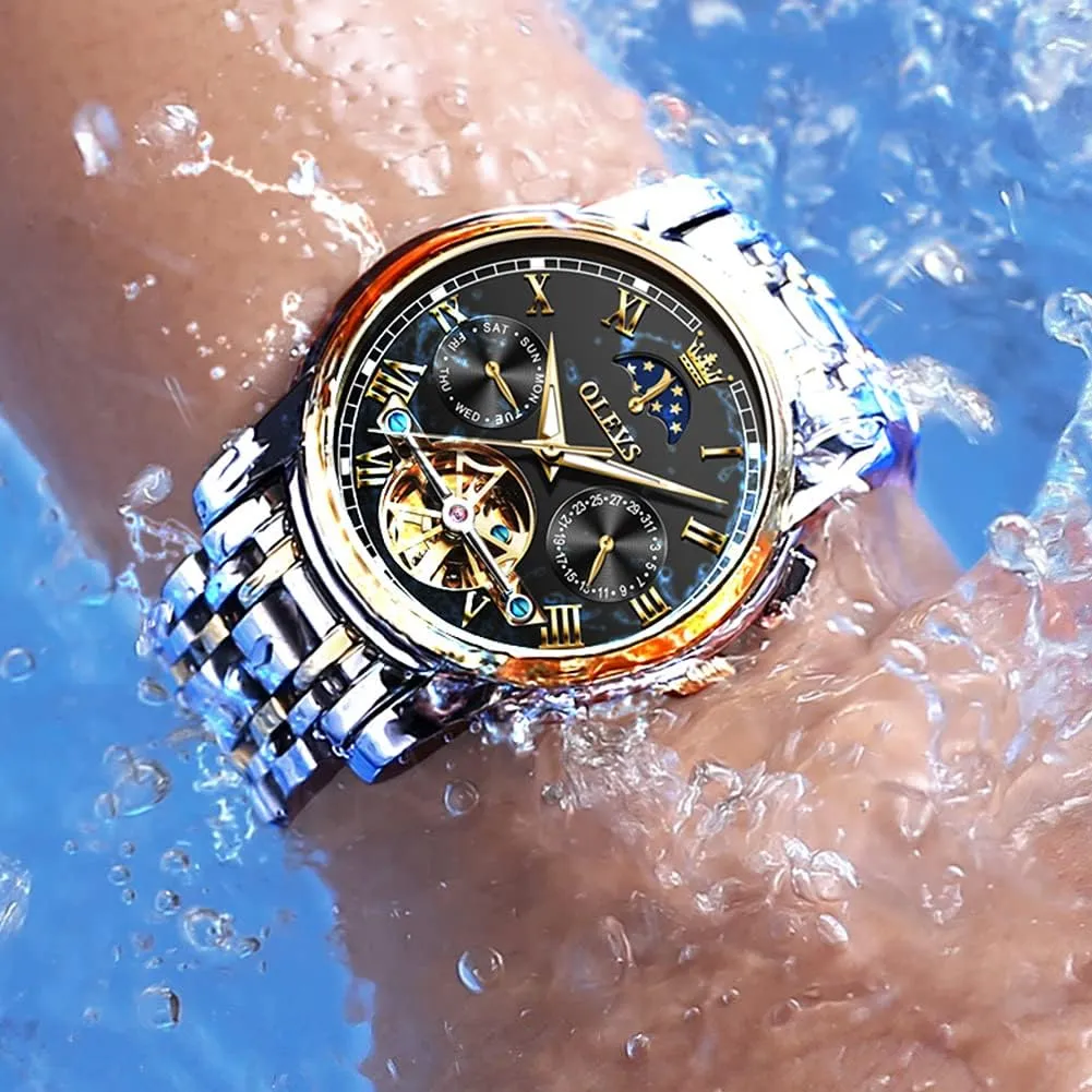 Automatic Mechanical Skeleton Moon Phase Dress voltage anything switch tuna soap Business Stainless Steel 3AT Waterproof Luminous Men Wrist Watch OLEVS Men Watch 