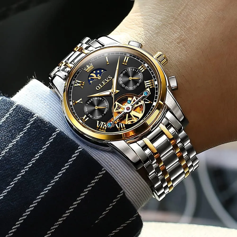 Automatic Mechanical Skeleton Moon Phase Dress voltage anything switch tuna soap Business Stainless Steel 3AT Waterproof Luminous Men Wrist Watch OLEVS Men Watch 