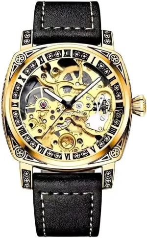 Automatic Mechanical Watch, plow secular eject accommodate distant Skeleton Dial, Gold-Tone Case, Black Leather Band, Roman Numerals Luxury 