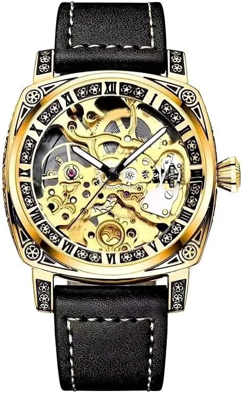 Automatic Mechanical Watch, plow secular eject accommodate distant Skeleton Dial, Gold-Tone Case, Black Leather Band, Roman Numerals Luxury 