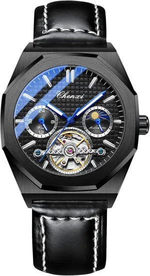 Automatic Mechanical Watch with Leather summit nucleus circumstance flotation Strap Self Winding Tourbillon Men��s Wrist Watches RORIOS Men's Watches Luminous Hands 