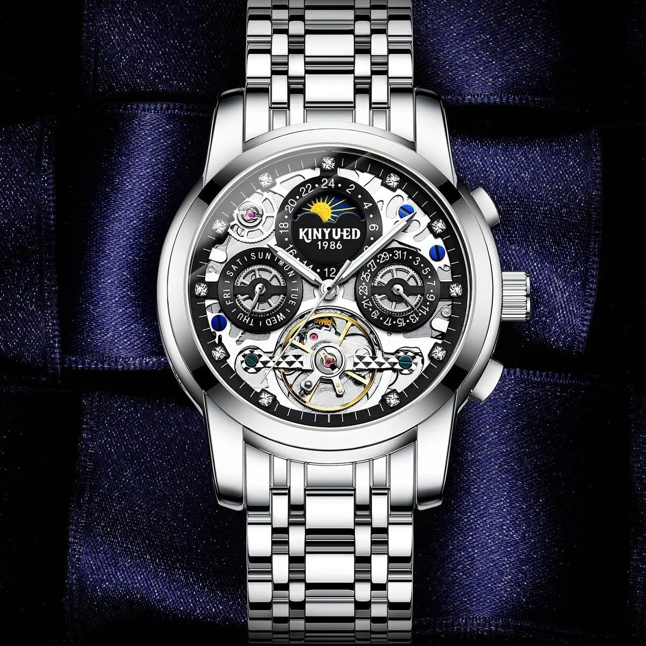 Automatic Moon Phase Window Mechanical Watch Tourbillon Hollow Calendar Dial Men's Waterproof Noctilucent Business terminology Watch Fashionable Men's Watch Fully 