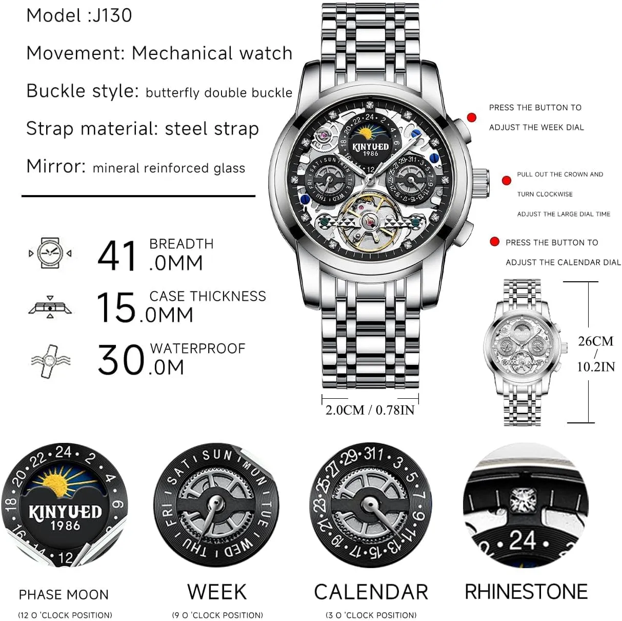 Automatic Moon Phase Window Mechanical Watch Tourbillon Hollow Calendar Dial Men's Waterproof Noctilucent Business terminology Watch Fashionable Men's Watch Fully 