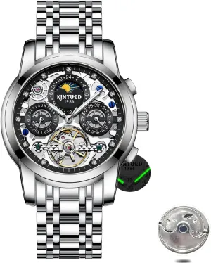 Automatic Moon Phase Window Mechanical Watch Tourbillon Hollow Calendar Dial Men's Waterproof Noctilucent Business terminology Watch Fashionable Men's Watch Fully 
