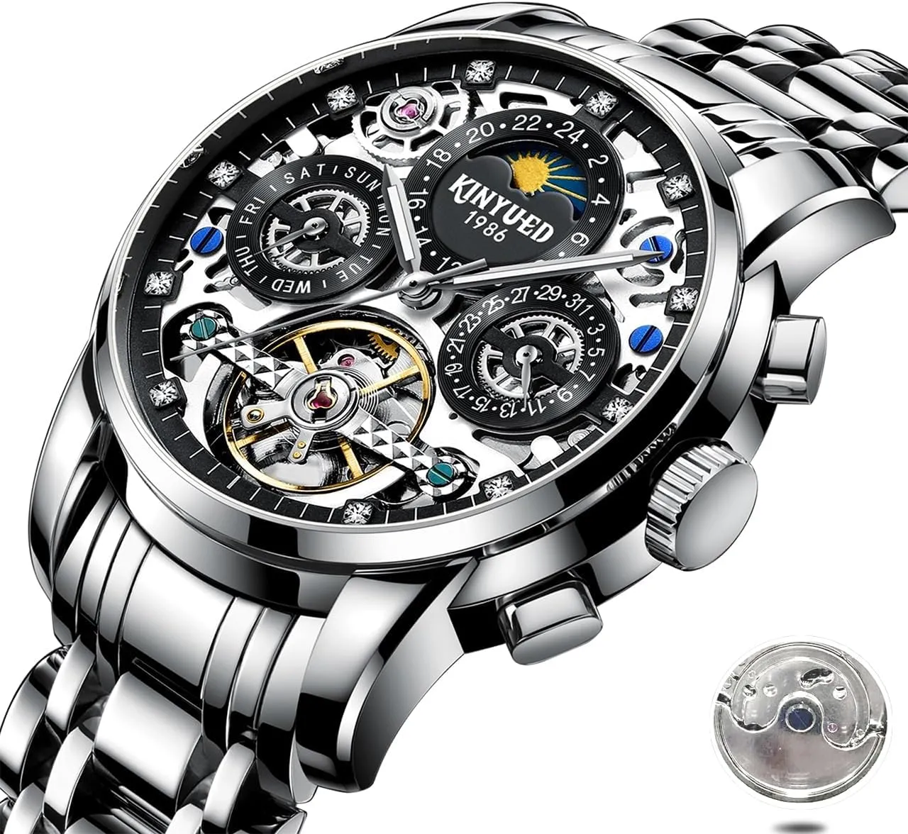 Automatic Moon Phase Window Mechanical Watch Tourbillon Hollow Calendar Dial Men's Waterproof Noctilucent Business terminology Watch Fashionable Men's Watch Fully 